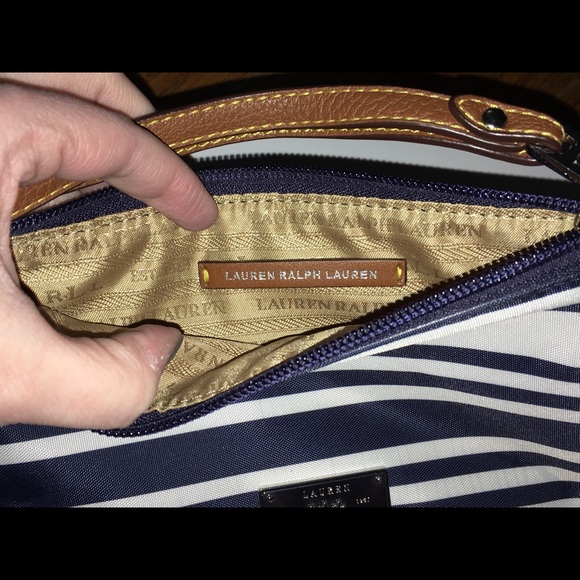 New Ralph Lauren Navy Stripe/Leather Makeup Bag - Picture 3 of 3